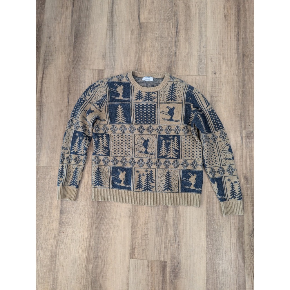 Old Navy SoSoft Ski Sweater Mens Large Tan Blue Winter Crewneck Ski Lodge